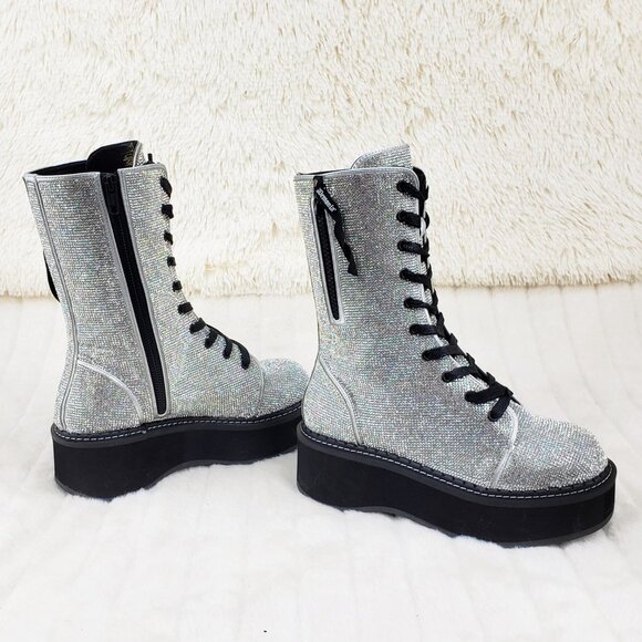 Super Sparkle Iridescent Rhinestone Platform Combat Mid Calf Boots 362 Emily - Picture 11 of 17